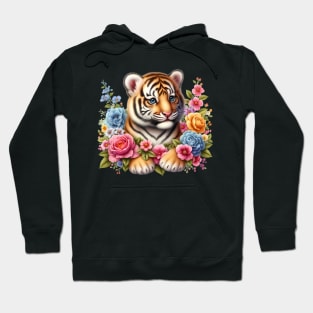 A baby tiger decorated with beautiful colorful flowers. Hoodie